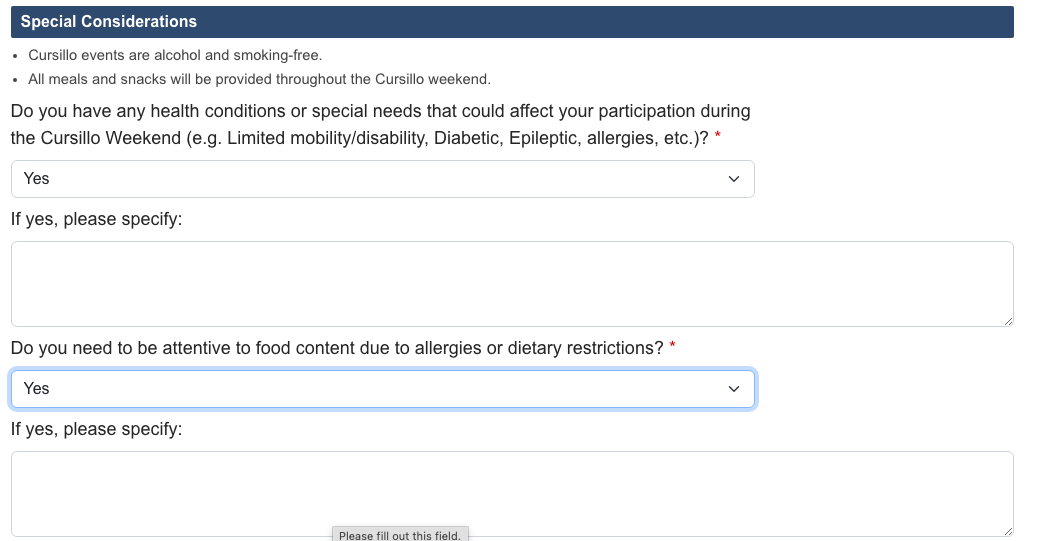 Special considerations fields