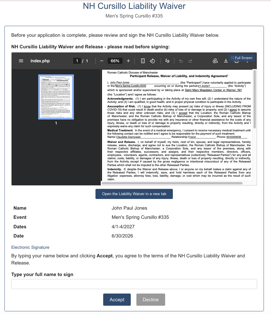 Liability waiver page with PDF preview
