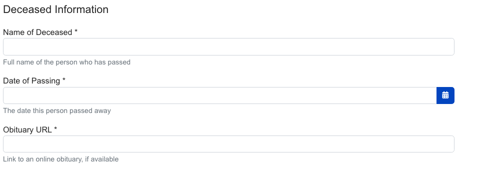 Deceased information form fields