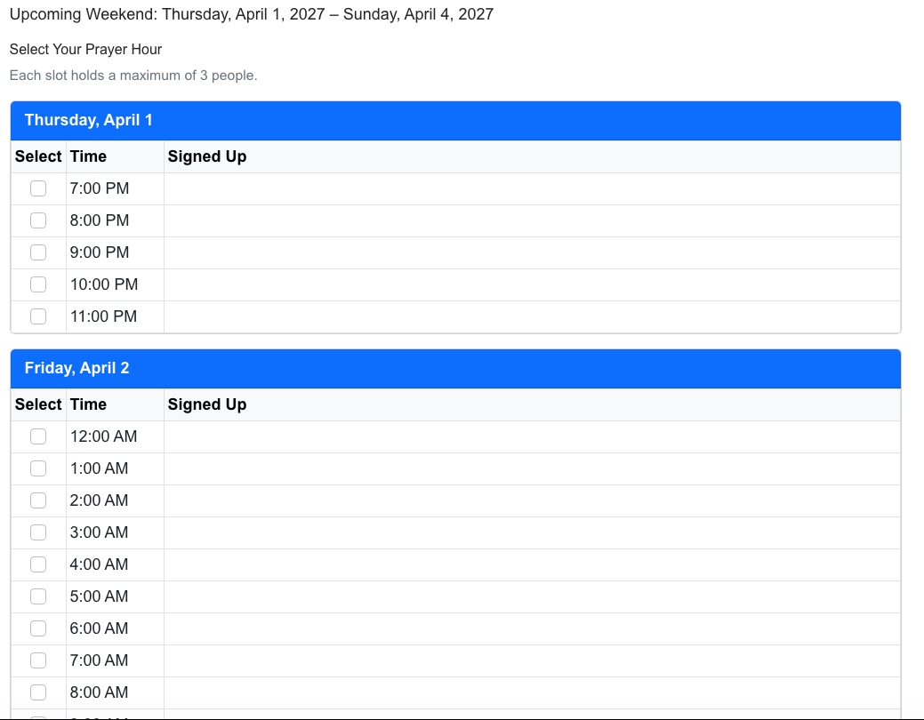 Prayer hour slot grid with checkboxes and names