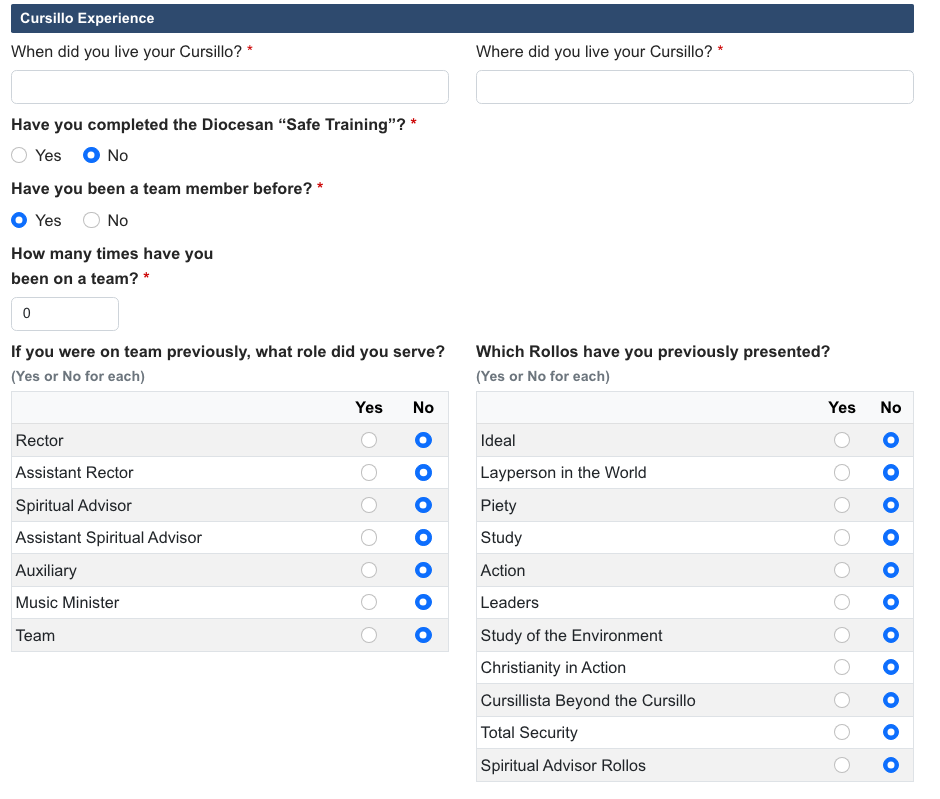 Cursillo experience fields: date, location, prior roles, rollos, SAFE training